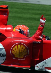 Michael Schumacher at Ferrari in 2004 celebrating a win at the United States Grand Prix