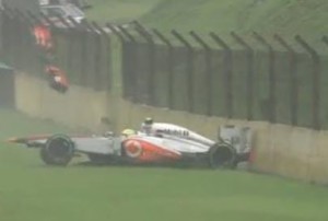 Sergio Perez banged into the barrier at the end of Q2 of the Brazilian GP