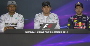 Nico Rosberg, Lewis Hamilton and Sebastian Vettel after the Canadian GP Qualifying