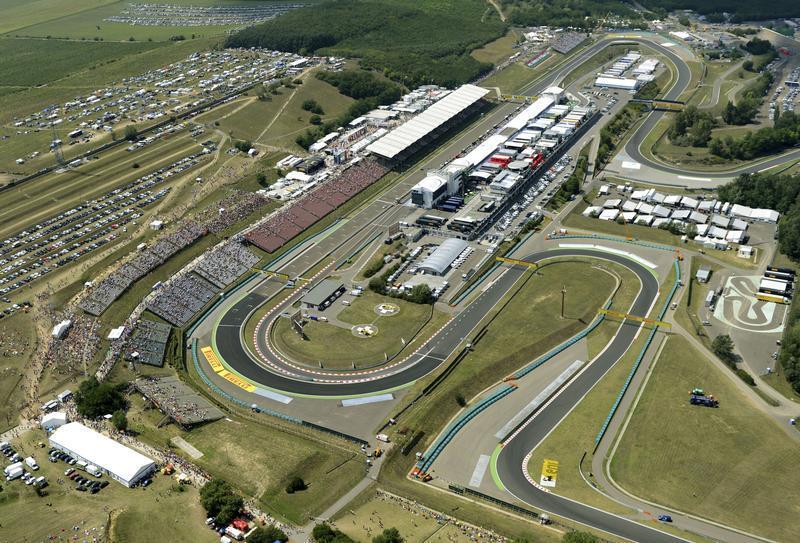 Aerial view of the Formula One Hungaroring circuit at the Hungarian F1 Grand Prix near Budapest