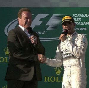Australian Grand Prix Podium, Lewis Hamilton with Arnie