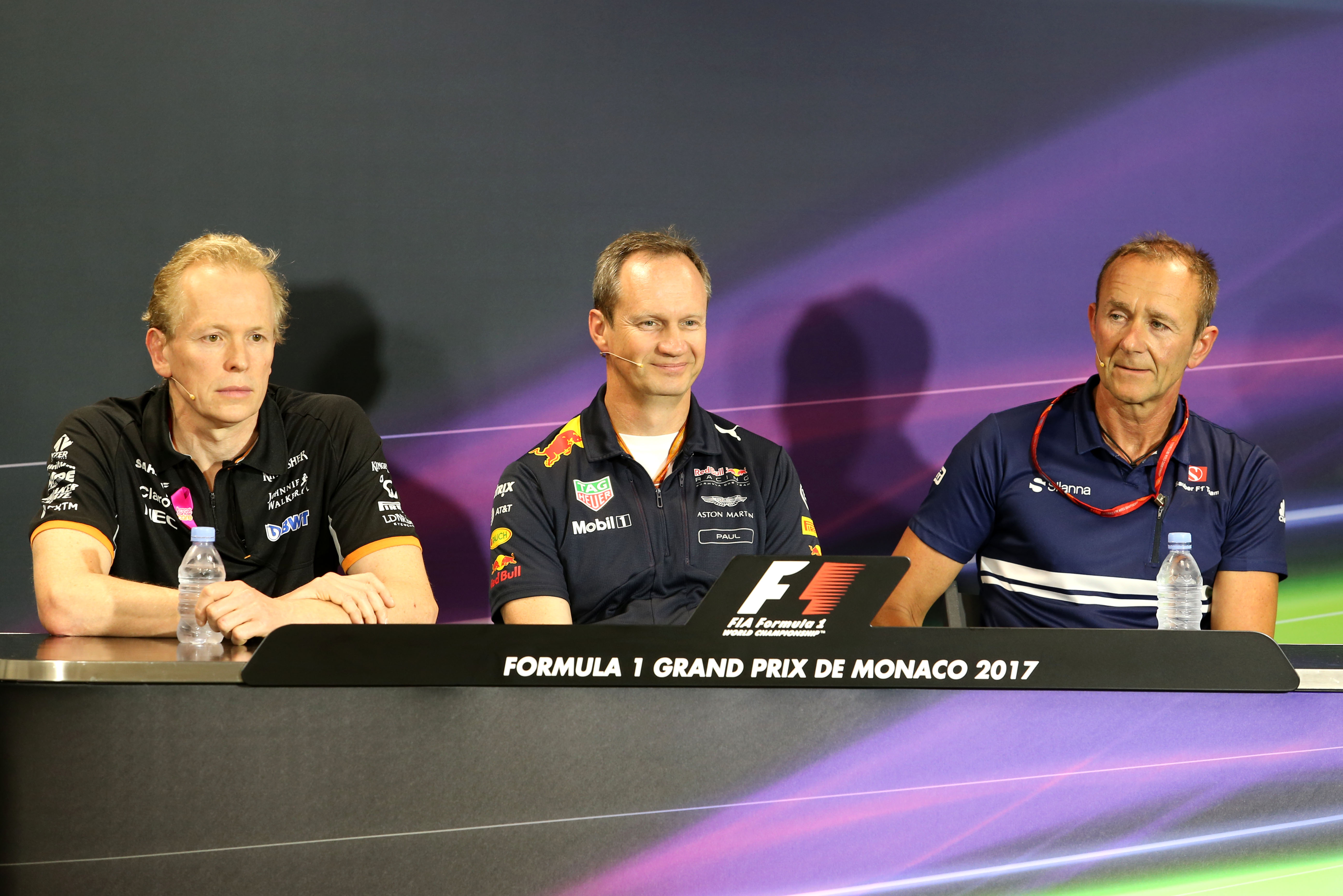 The FIA Press Conference (L to R): Andrew Green (GBR) Sahara Force India F1 Team Technical Director; Paul Monaghan (GBR) Red Bull Racing Chief Engineer; Jorg Zander (GER) Sauber F1 Team Technical Director.
Monaco Grand Prix, Thursday 25th May 2017. Monte Carlo, Monaco.