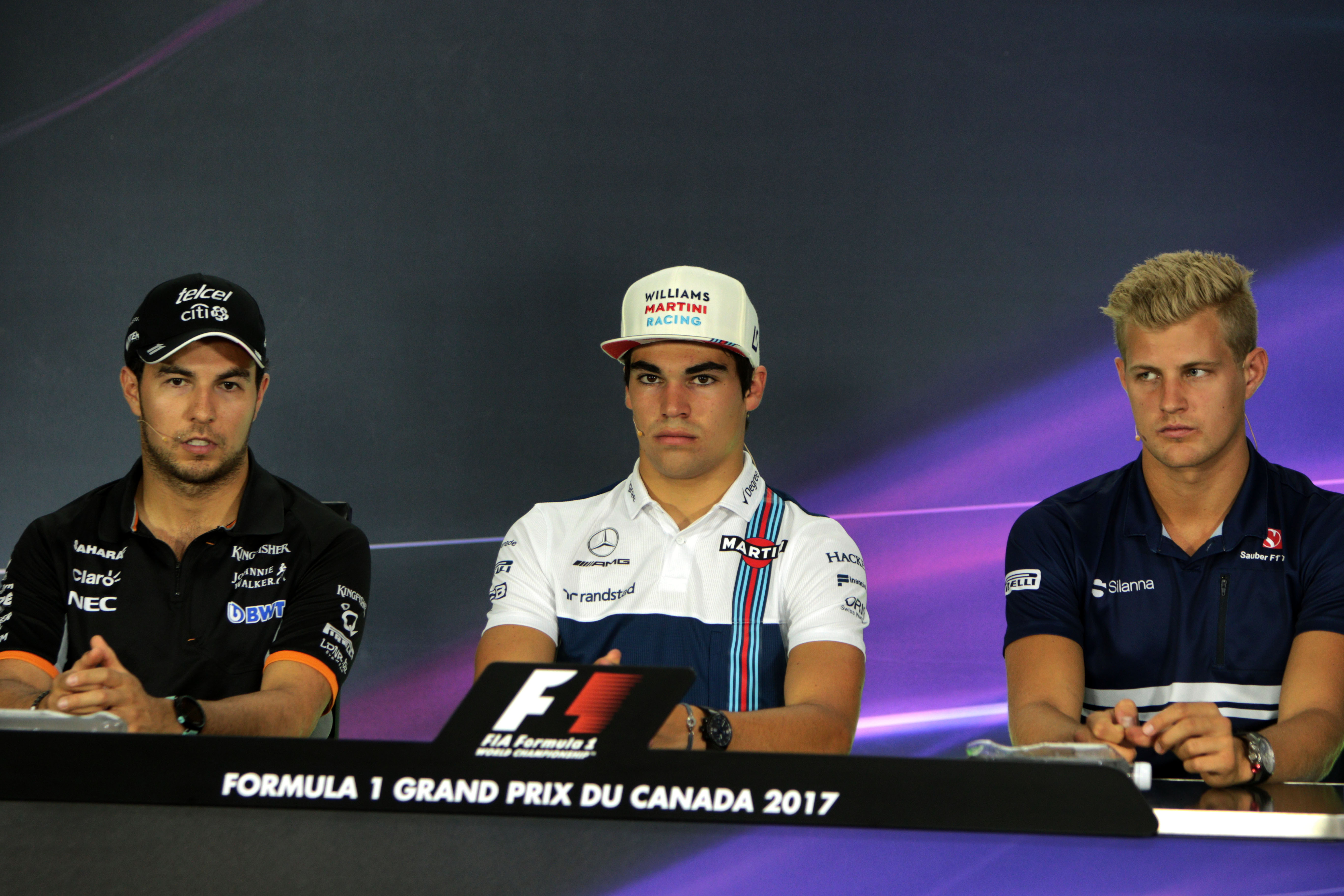 The FIA Press Conference (L to R): Sergio Perez (MEX) Sahara Force India F1; Lance Stroll (CDN) Williams; Marcus Ericsson (SWE) Sauber F1 Team.
Canadian Grand Prix, Thursday 8th June 2017. Montreal, Canada.