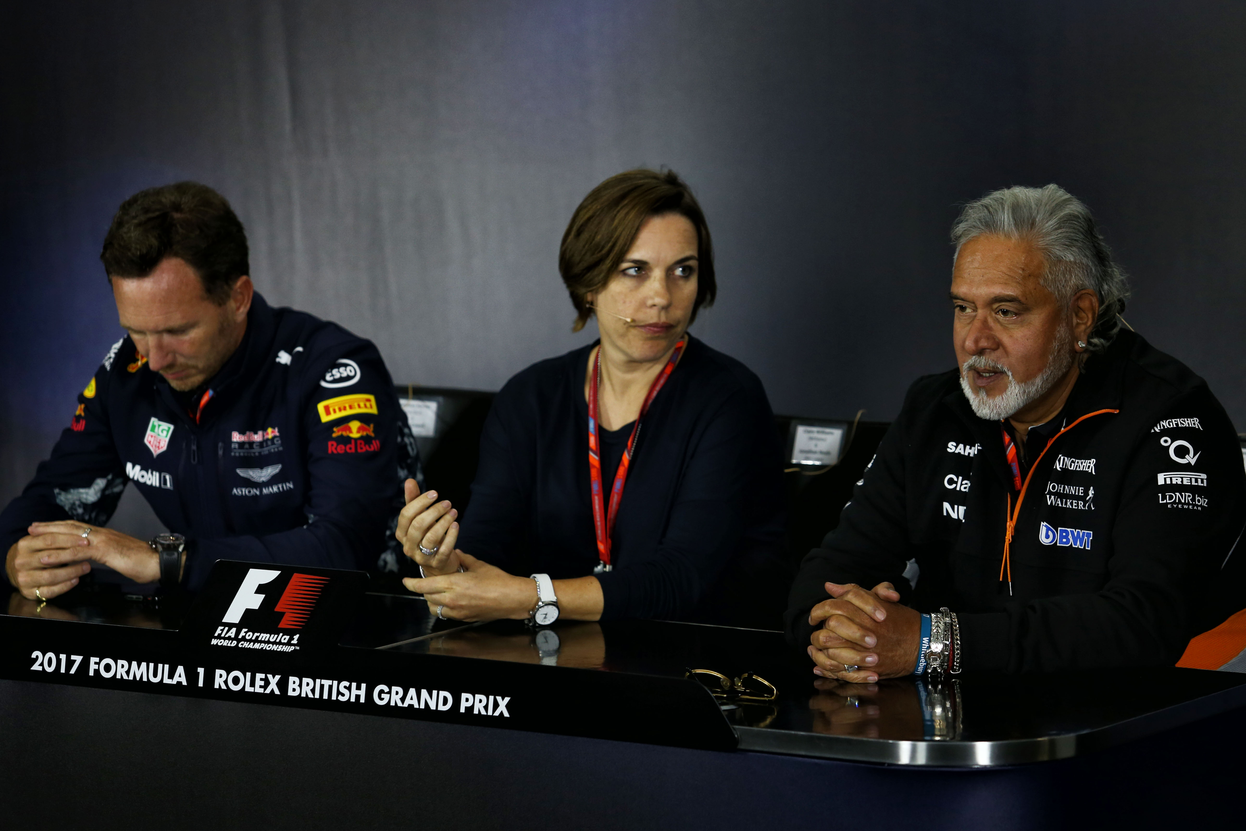 The FIA Press Conference (L to R): Christian Horner (GBR) Red Bull Racing Team Principal; Claire Williams (GBR) Williams Deputy Team Principal; Dr. Vijay Mallya (IND) Sahara Force India F1 Team Owner.
British Grand Prix, Friday 14th July 2017. Silverstone, England.