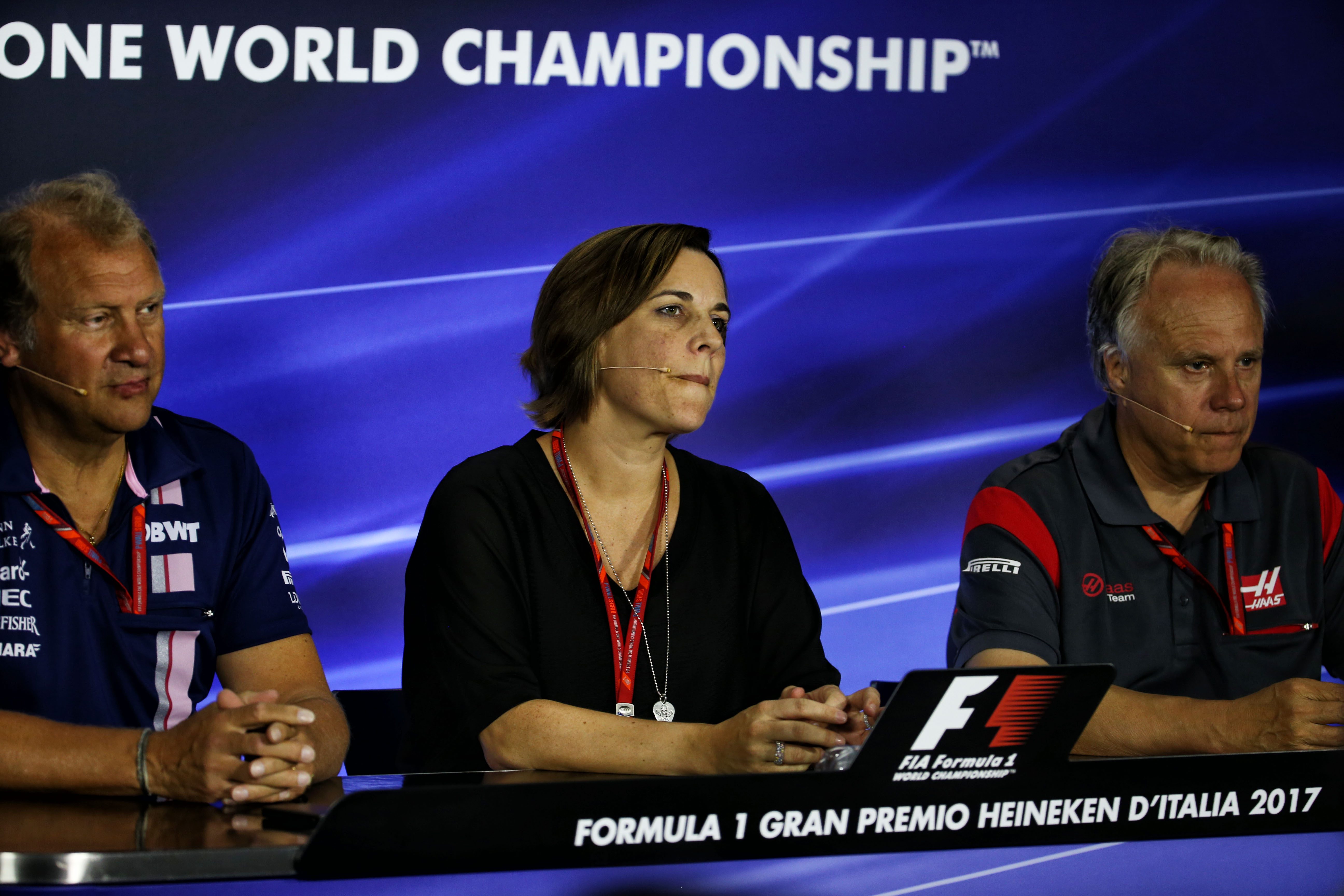 (L to R): Robert Fernley (GBR) Sahara Force India F1 Team Deputy Team Principal; Claire Williams (GBR) Williams Deputy Team Principal; and Gene Haas (USA) Haas Automotion President; in the FIA Press Conference.
Italian Grand Prix, Friday 1st September 2017. Monza Italy.