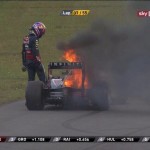 Mark Webber's car on fire at the Korean Grand Prix